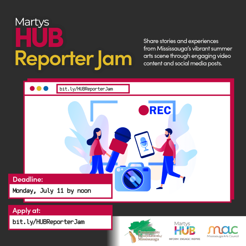 A promotional image for "Martys HUB Reporter Jam," encouraging participants to share stories and experiences from Mississauga’s arts scene through video content and social media. The poster includes application details and a deadline of Monday, July 11.