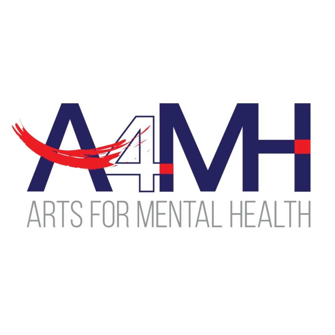 A logo for the Arts for Mental Health initiative, featuring the acronym "A4MH" in bold navy and red text with a red brushstroke across the number 4.