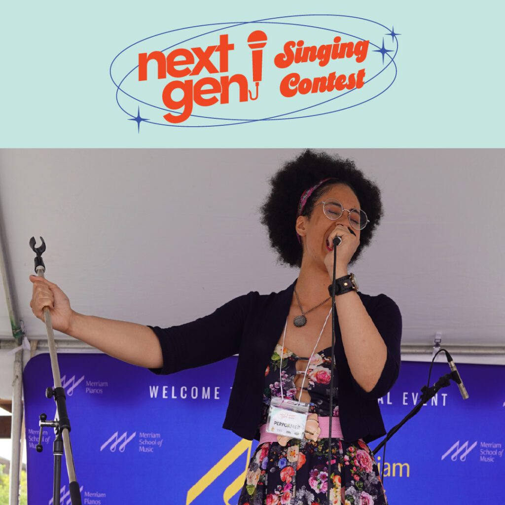 A performer in a floral dress and glasses passionately sings on stage while holding a microphone stand. The event title, "Next Gen Singing Contest," is displayed at the top.