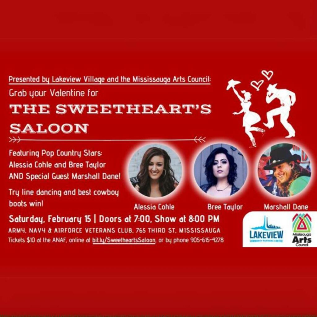 A promotional poster for The Sweetheart’s Saloon event, featuring pop-country stars Alessia Cohle, Bree Taylor, and special guest Marshall Dane. The poster includes event details, a red background, and images of the featured artists.